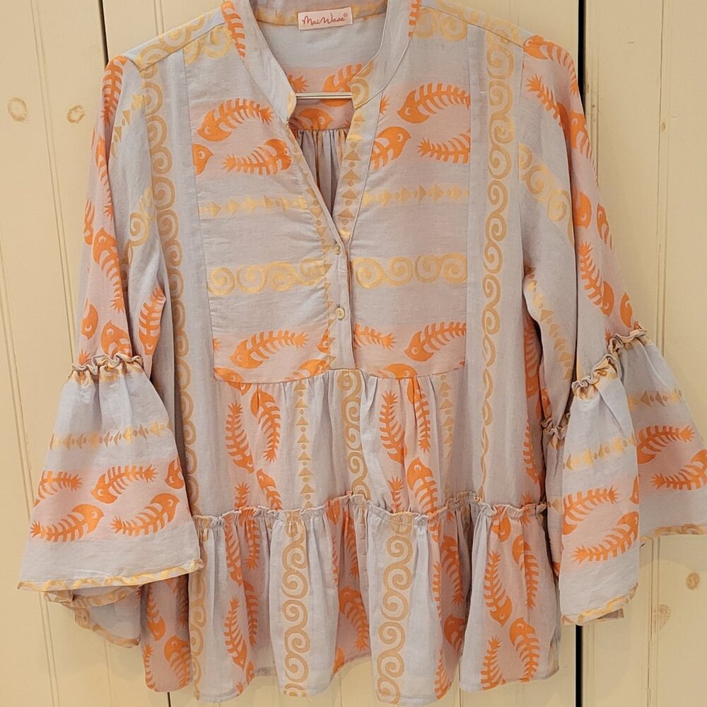 Mai Wave Boho Ethnic embroidered fish large bell sleeve Top